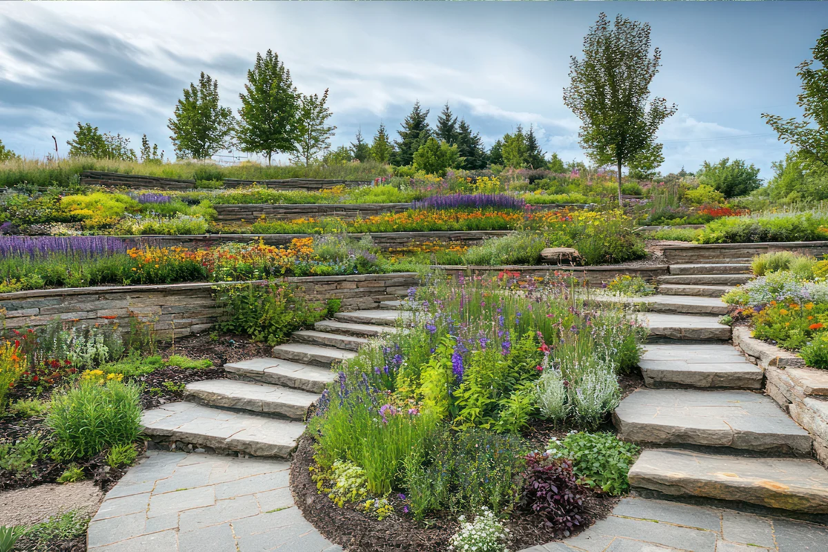 stone-path-winds-through-lush-multilevel-garden-filled-with-vibrant-flowers-greenery stone-path-winds-through-lush-multilevel-garden-filled-with-vibrant-flowers-greenery